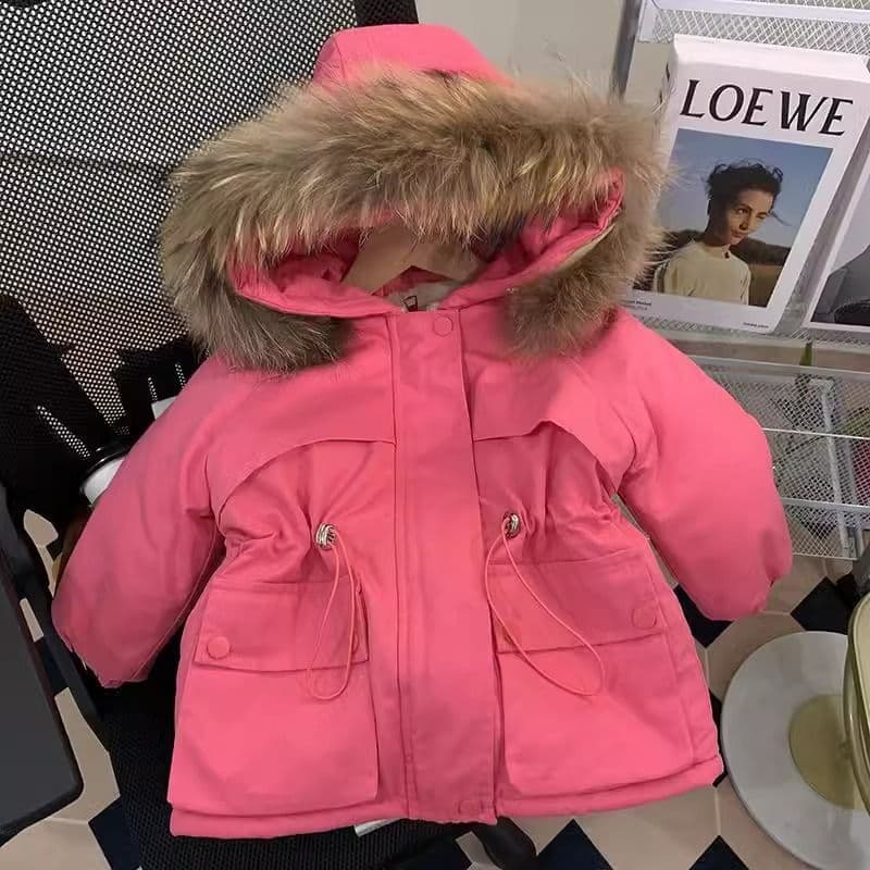 Thickened Cotton Parka Coat for Baby Girls Winter Clothes Korean Style Mid-Length Fleece-Lined Baby Outerwear Coat