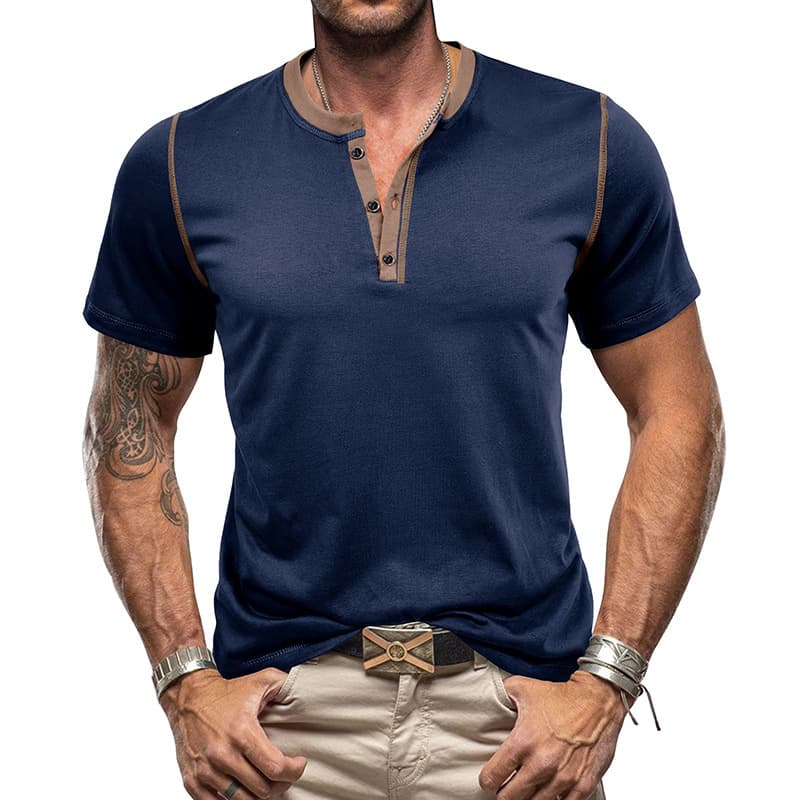 2024 Summer European and American Men's Fashion Color Block Short Sleeve Henley Shirt Men's Round Neck T-shirt Amazon T-shirt