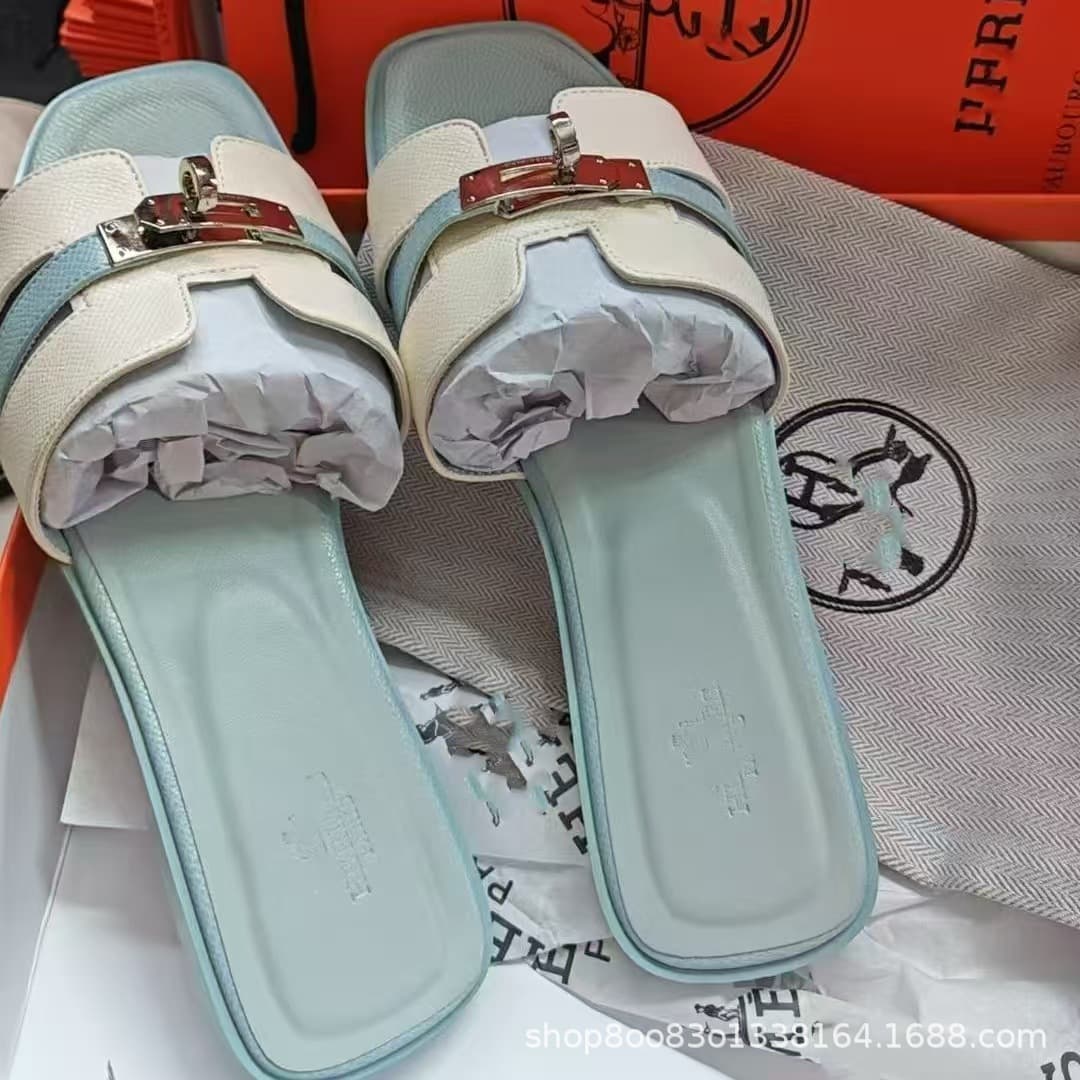 High-End Foreign Trade H-Brand Flat Slippers with Metal Buckle, Palm Print, Single Strap Women's Slippers, Factory Direct Sale