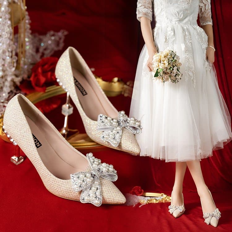 2026 Spring New Stiletto Pointed Toe Single Shoes Women Bow High Heels Bridesmaid Shoes Bride Shoes Banquet Women's Shoes