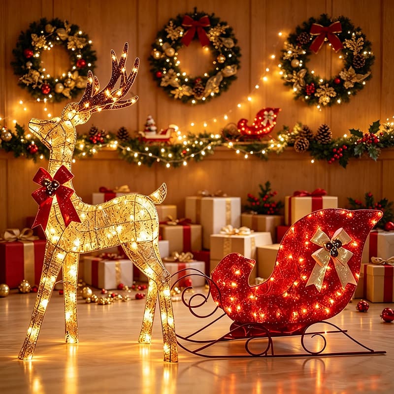 Christmas Deer Cart Decorative Ornament for Hotels and Shopping Malls, Iron Art Light-Up Deer Pulling Sleigh for Christmas Party Decor