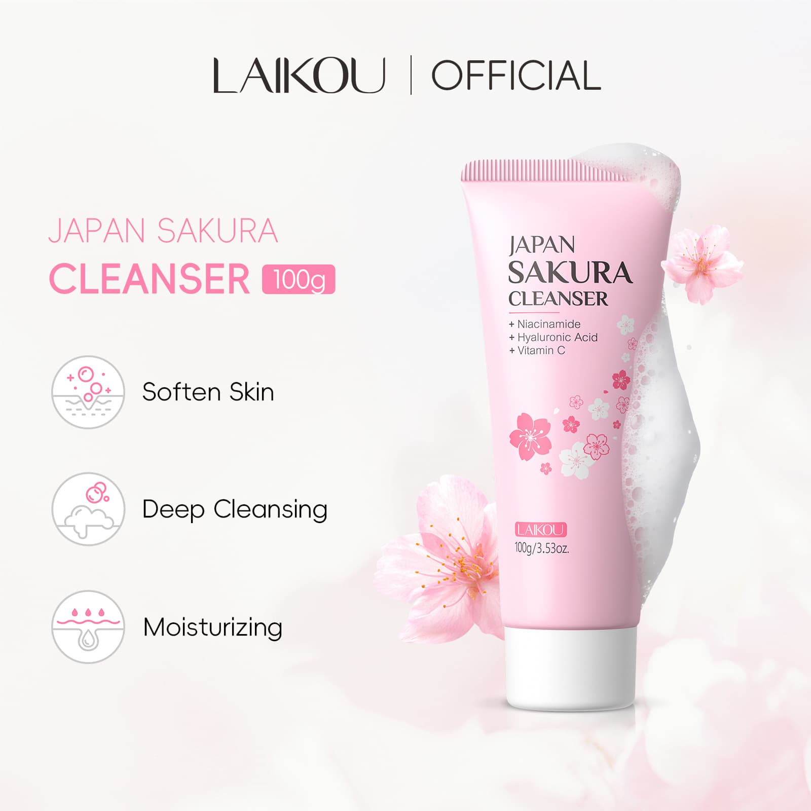 LAIKOU Sakura Facial Cleansing Milk 100g Makeup Remover Moisturizing Hydrating Skin Care Face Cleaning Beauty Essentials