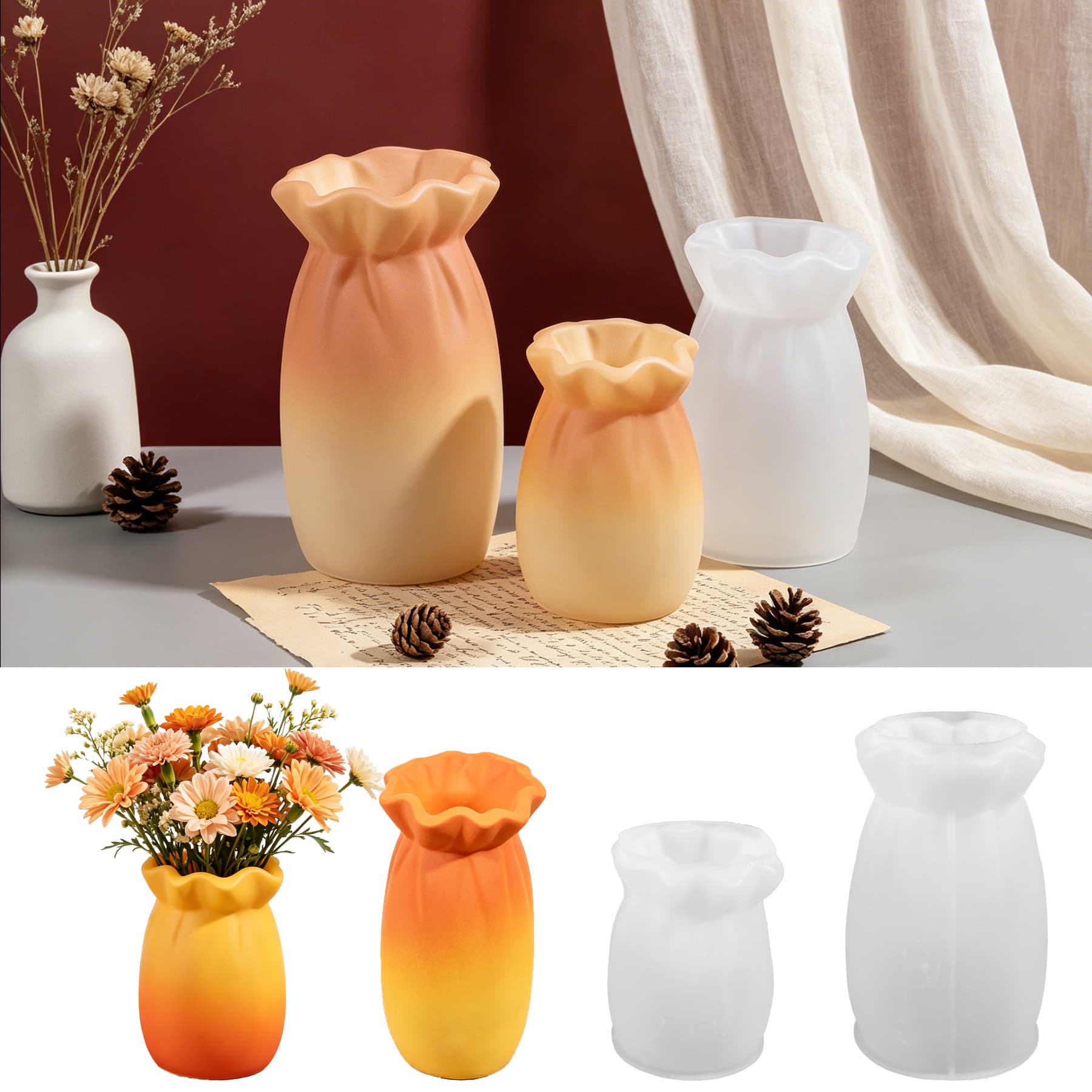 Cross-Border New Style Fortune Bag Vase Resin Silicone Mold, Epoxy Resin DIY Bag Bottle Plaster Figurine Factory Wholesale