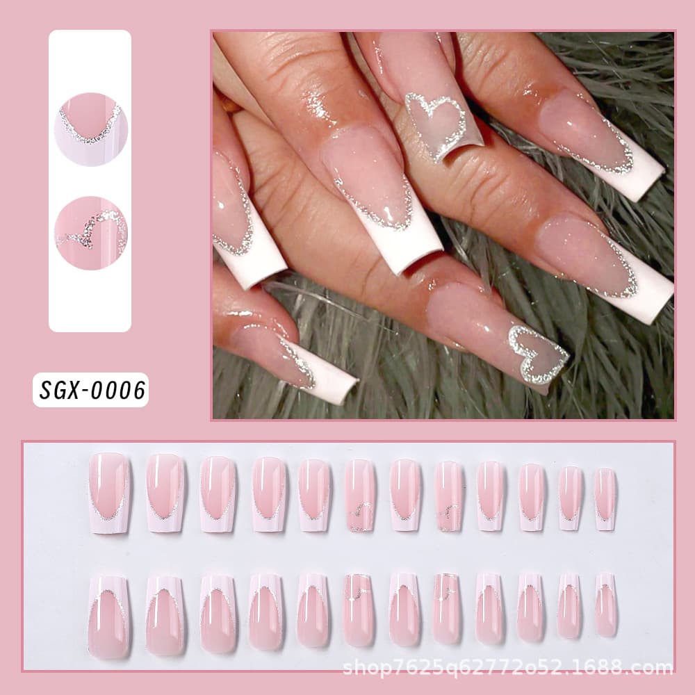 Boxed 24pcs Cross-border Best-selling Nail Art Stickers Pink White Edge Heart Glitter Medium Size Removable Wearable Nail Tips