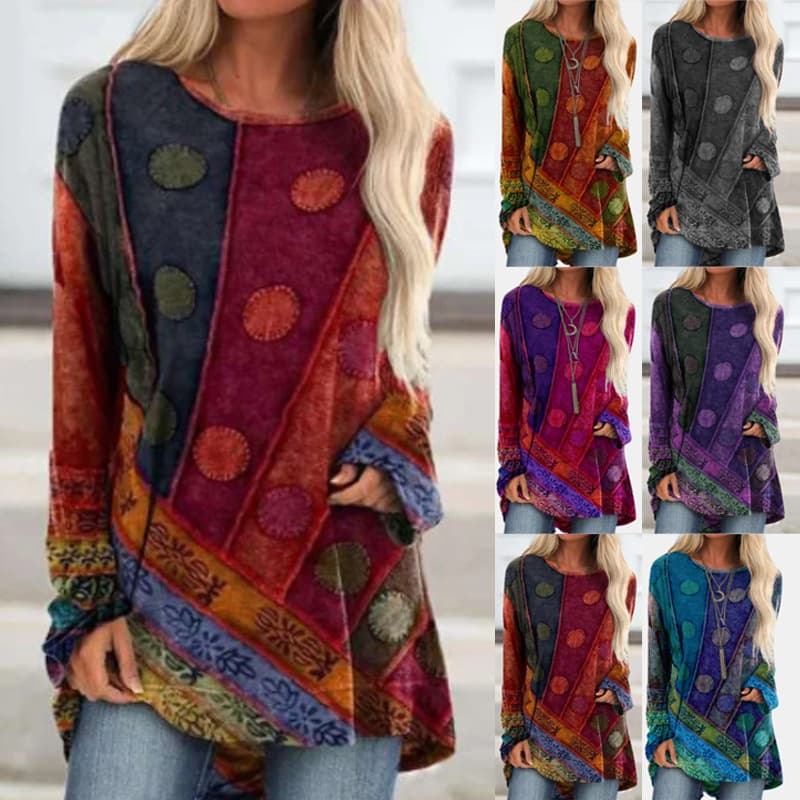 2024 Cross-Border European and American Women's Fashion Amazon Vintage Ethnic Print Loose Long Sleeve Round Neck T-Shirt