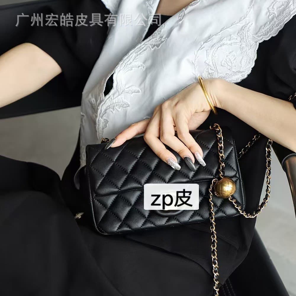 New Style Little Fragrance Square Fat Mini with Letter Adjustment Buckle Gold Ball CF Lambskin Single Shoulder Crossbody Bag for Women