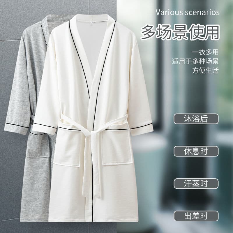 Spring and Summer Couples Bathrobe Women's Medium Long-Sleeved Thin Solid Color 100% Pure Cotton Absorbent Bathrobe Five-Star Hotel Nightgown