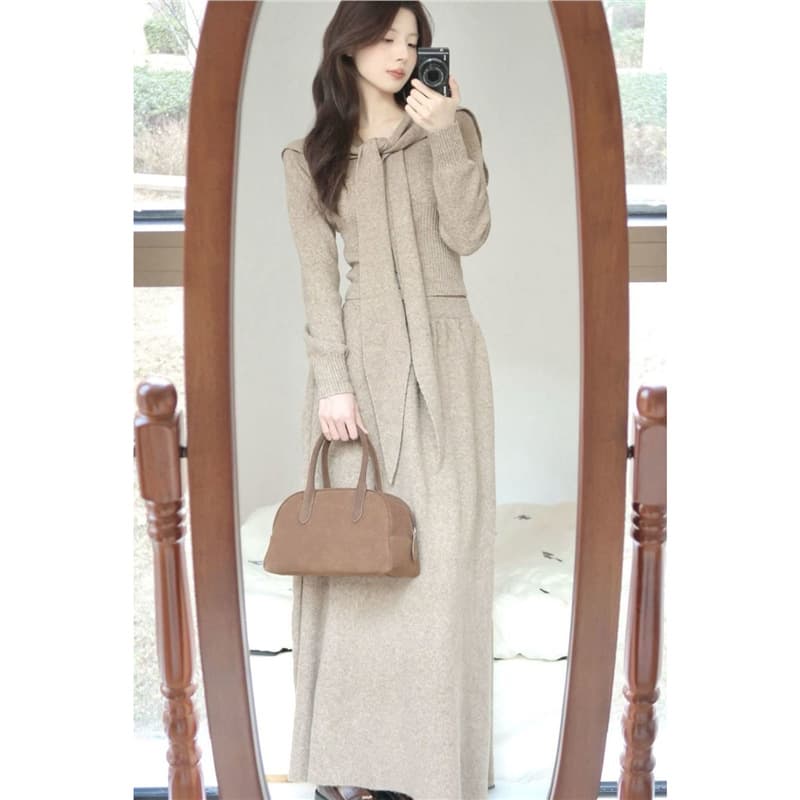 Elegant Gentle Style Set Korean Slim Knit Sweater Top Layered with Scarf High-Waist Skirt for Women Fall Winter