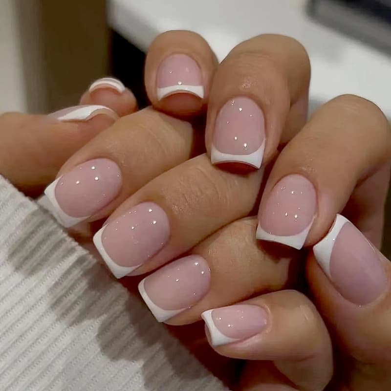 French Style Short Nail Tips White Classic False Nails Transparent Pink Butterfly Knot Starry Sky Pattern Ladies Nail Art