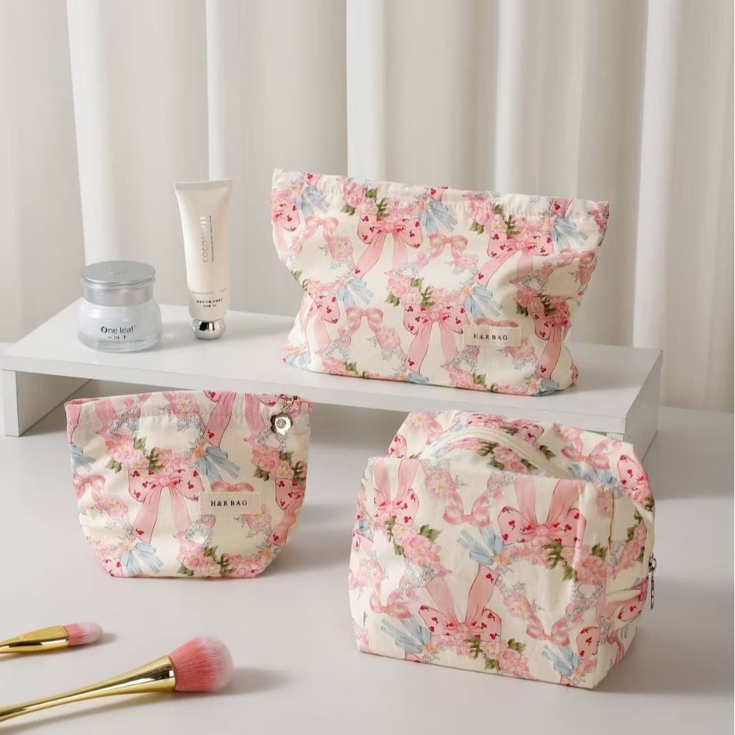 Cross-border pink bow cotton cosmetic bag large capacity skin care product storage bag portable toiletry bag set