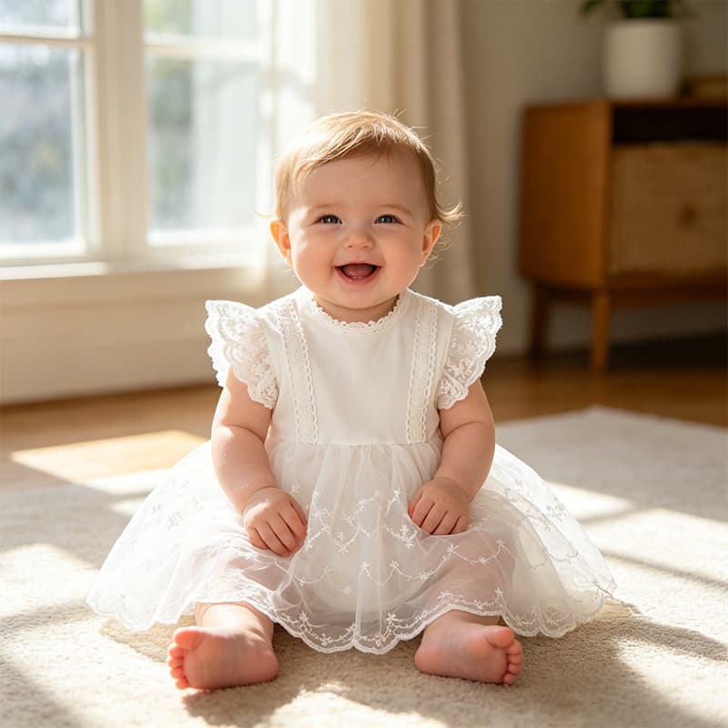Girls' dress, summer thin, fashionable baby mesh skirt, khaki white dress, 100-day banquet one-year-old skirt