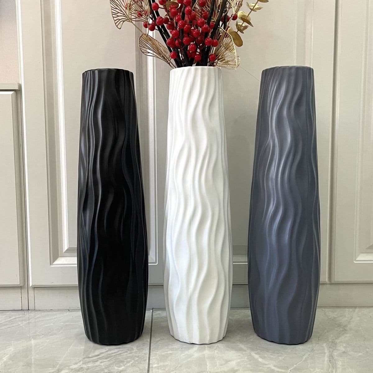 Floor-Standing Large Vase, High Simple Hydroponic Plastic Imitation Ceramic White Black European Style Home Dried Flower Arrangement Living Room Decoration