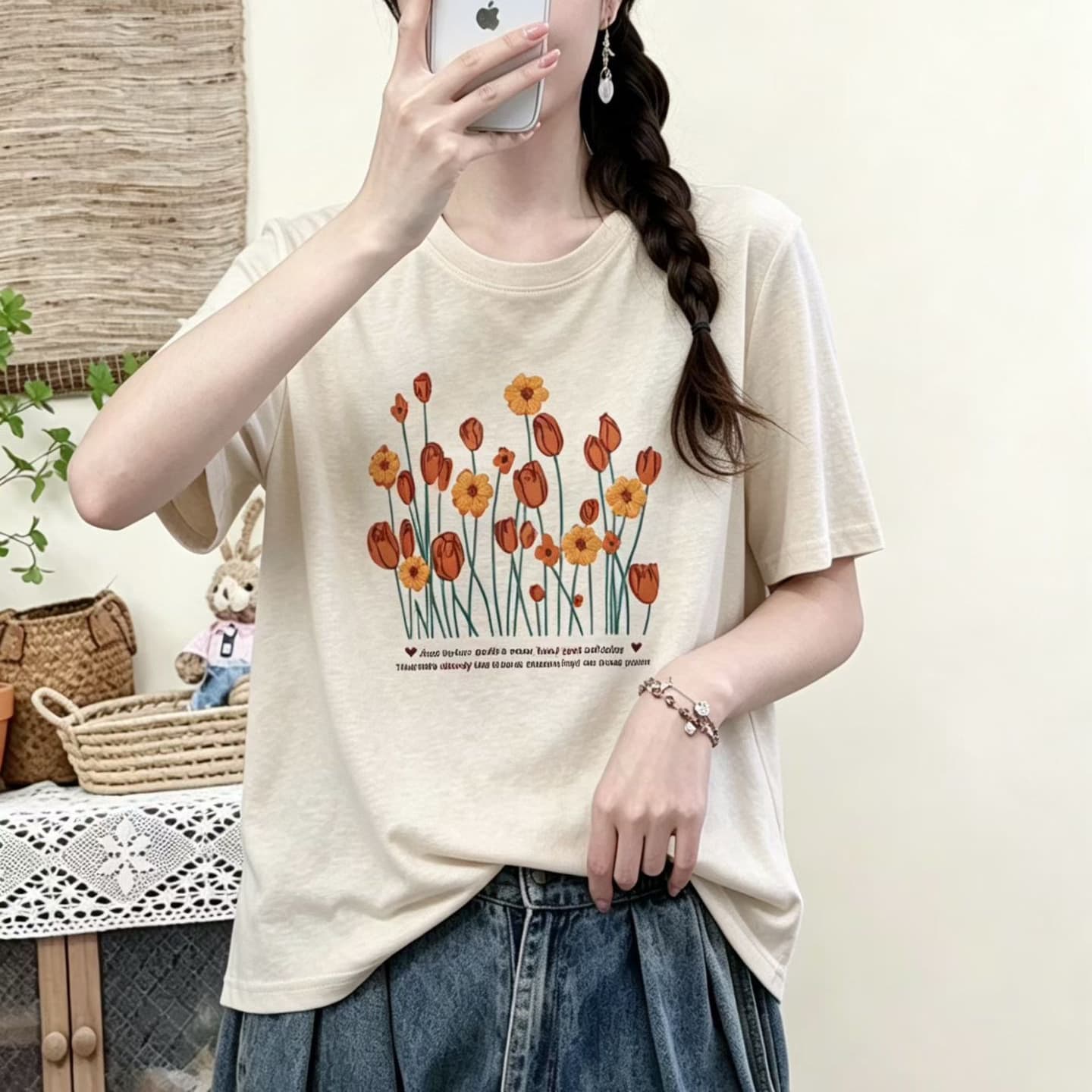 2026 Summer New Artistic Embroidery Loose Fit Versatile Short Sleeve T-Shirt for Women