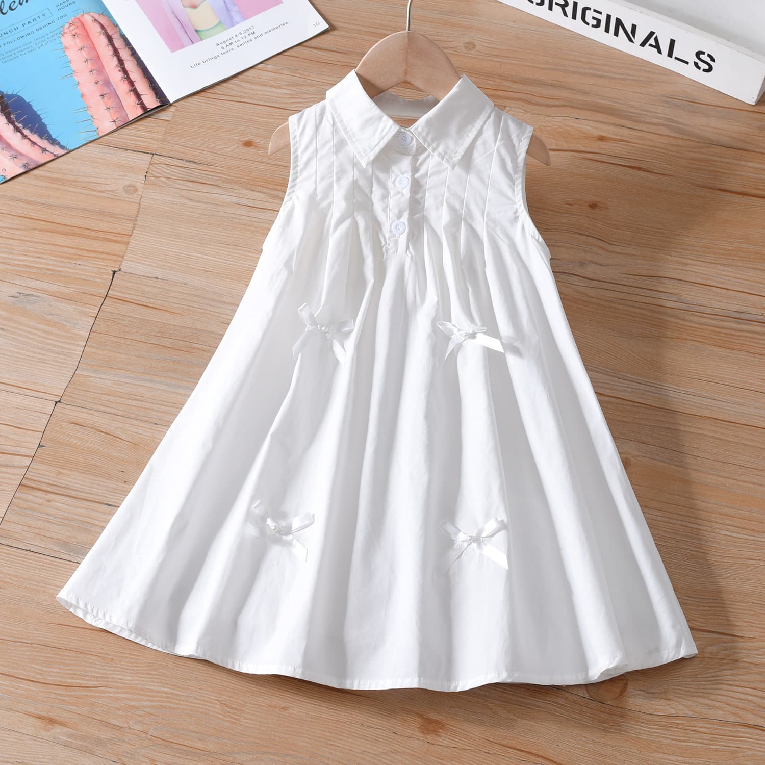 Girls Back Big Bow Sleeveless dress Summer New Girl Shirt Vantel Dress Cotton White Beach Dress