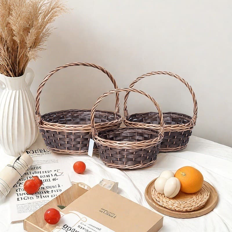 Customized cross-border hot-selling set of three polished rectangular Italian baskets, Nordic style willow woven handmade handbag.