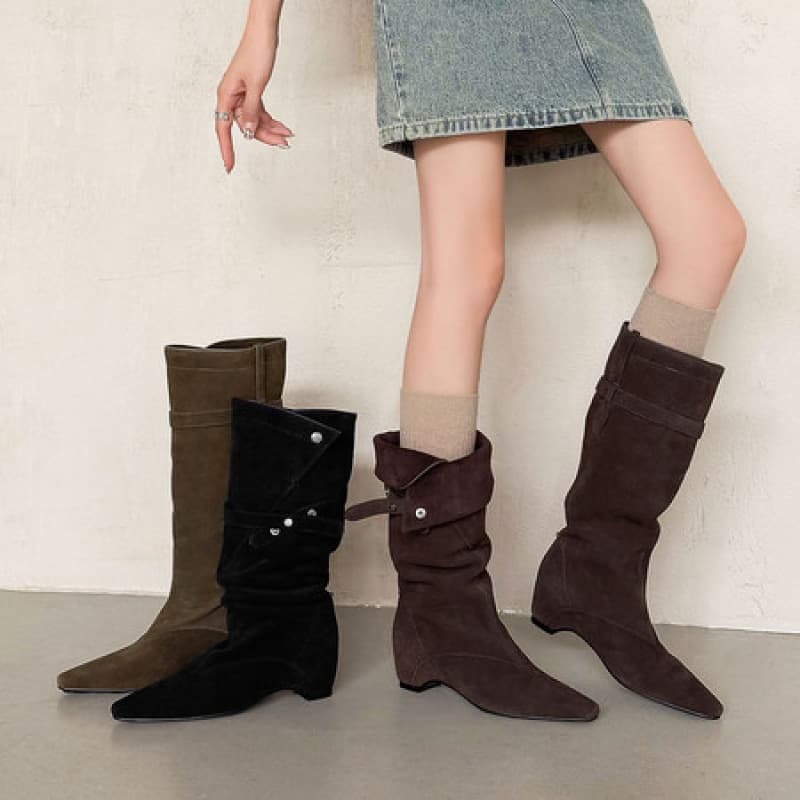 Western two-wear cowboy boots women's pile boots 2025 new autumn pointed toe boots mid-calf thick heel knight boots