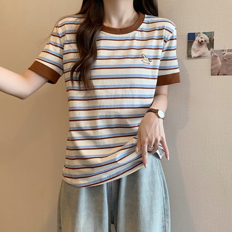 Striped Trim Short Sleeve T-Shirt Women Summer 2025 Korean Style Slim Fit Cropped Embroidered Round Neck Top Plus Size Women's Clothing 200 Jin