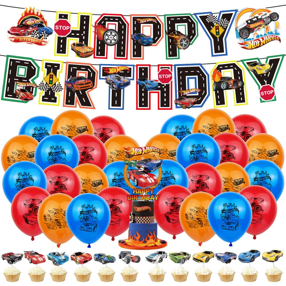 HOT WHEELS Theme Birthday Party Decoration Supplies Balloon Banner Cake Insert Set