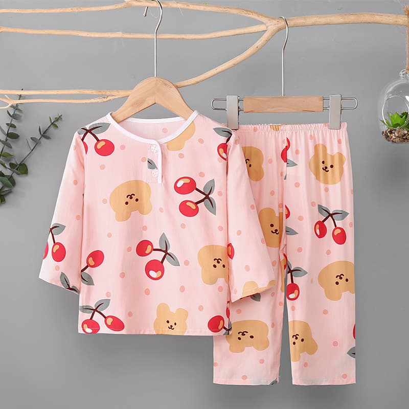 Children's Cotton Silk Pajamas Summer Homewear Set Thin Long-Sleeve Cotton Silk Sleepwear for Boys and Girls Baby Air Conditioning Wear