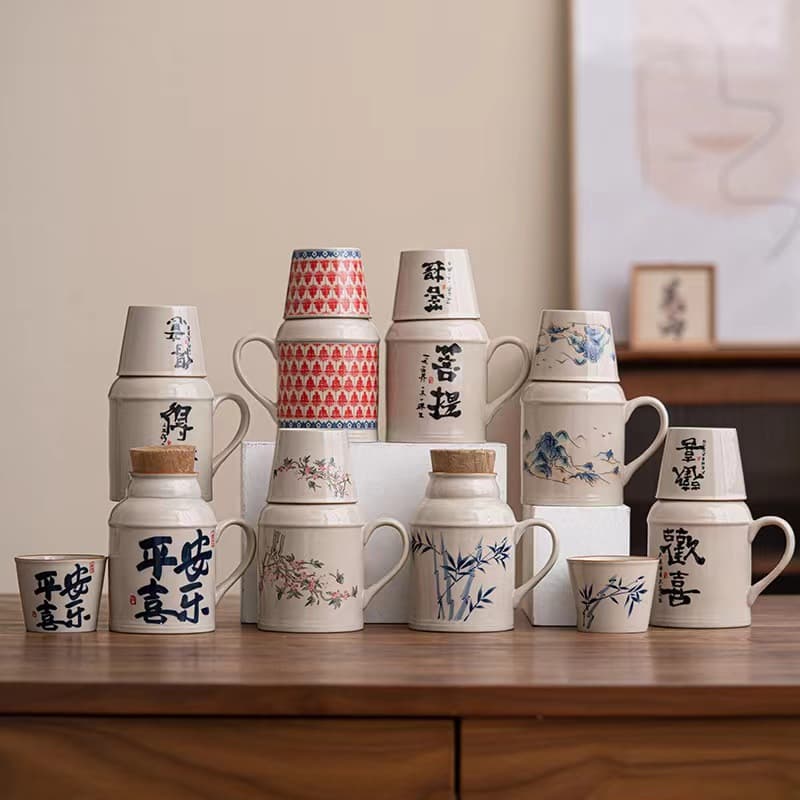 Ru kiln small thermos pot, tea steeping pot with tea cup, ceramic thermal pot, large capacity mug with lid, Chinese-style office cup