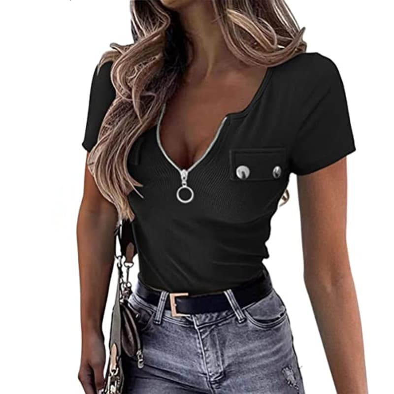 2023 Women's Short Sleeve Henley Shirt Sexy Zip V-Neck Ribbed Knit T-Shirt Slim Fit Basic Summer Top