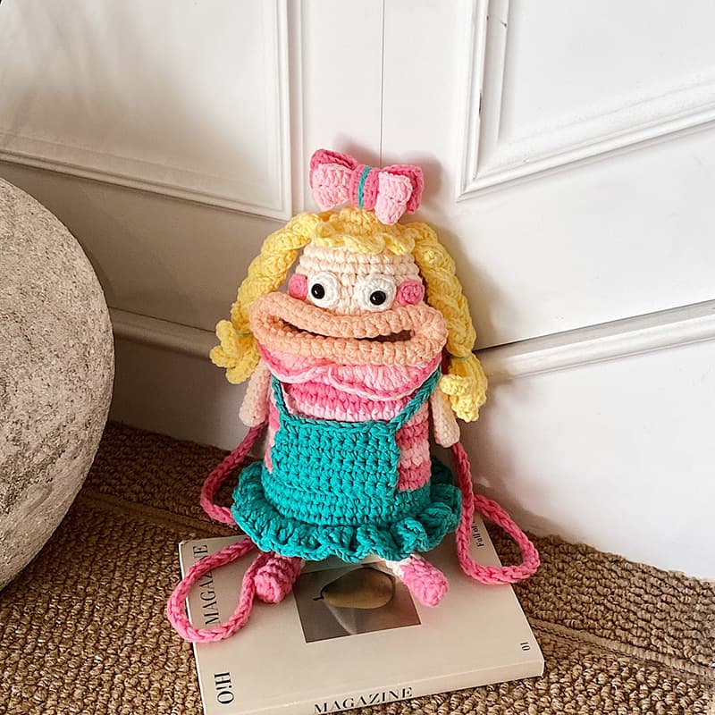 Cartoon Cute Boys and Girls Shoulder Bag Handmade Crochet Big Mouth Doll Kids Crossbody Bag Autumn Winter New Children's Bag