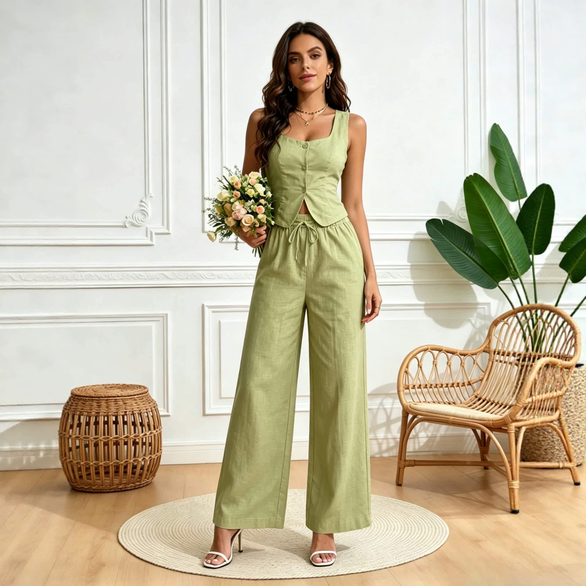 Linen Square Neck Single-Breasted Short Vest Set for Women, Elastic Waist Tie Wide-Leg Pants Two-Piece Set, In Stock