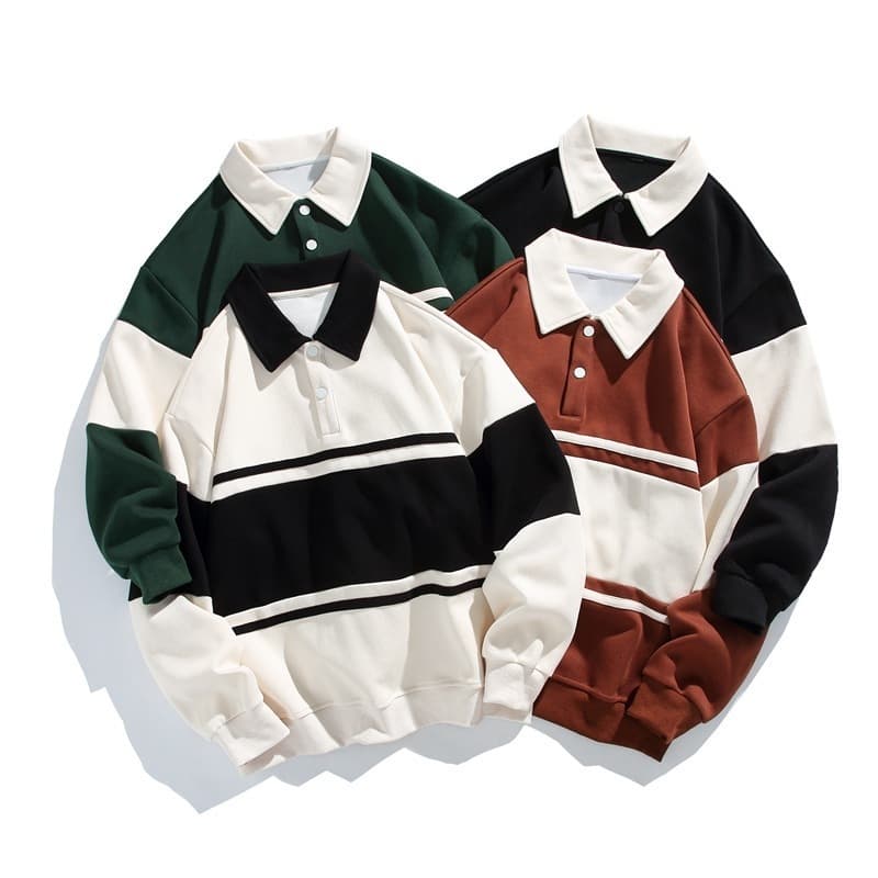 2024 New Couple Wear, Spring/Autumn Striped Long-Sleeve T-Shirt, Hong Kong Style Double Pique Cotton Hoodie with Collar Polo Shirt
