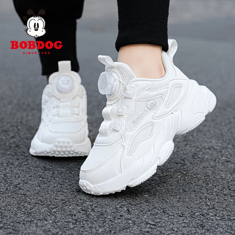 Bobdog Boys' and Girls' Shoes Spring-Autumn New Fleece-Lined Lightweight White Shoes Mid-Large Kids Soft Sole Sports Shoes