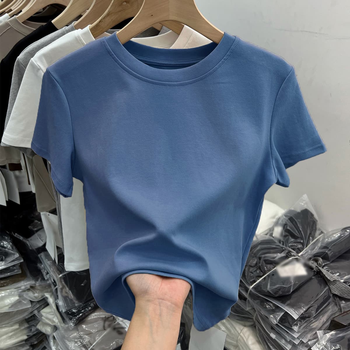 Pure Cotton Women's Slim Fit Blue Short-Sleeve T-Shirt with Round Neck and Right Shoulder Design, Inner Slimming Look, Threaded Bottoming Shirt Top for Summer