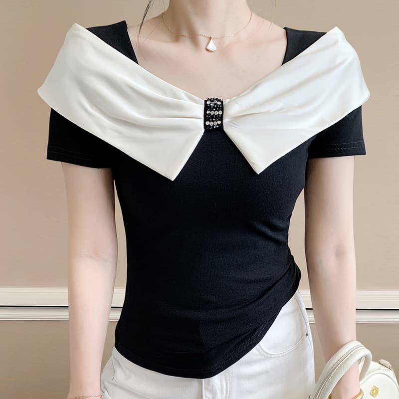 Elegant Butterfly Knot Short Sleeve T-Shirt Fashionable Splice Design Summer New Style Slimming Top Floral Patchwork Decor