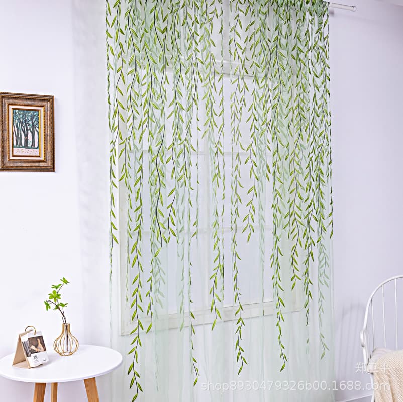 Manufacturer supplies willow leaf pattern curtains, rubber printed sheers, ready-made curtains for Amazon cross-border wholesale.