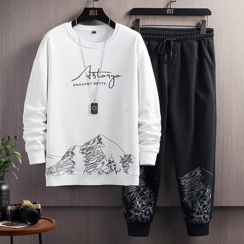 Snow Mountain Long Sleeve Sweatshirt Set Men's Autumn New Thin Imitation Cotton Crewneck Pullover Fashion Watermark Two-piece Set