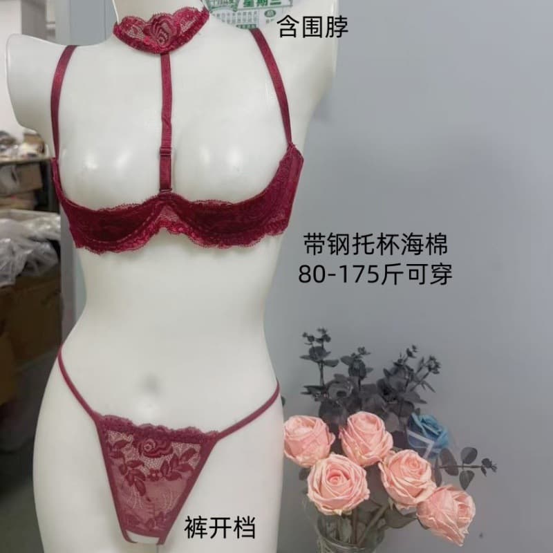 Plus size fun underwear quarter cup transparent burgundy half-cup sponge with scarf couple's sex pants open