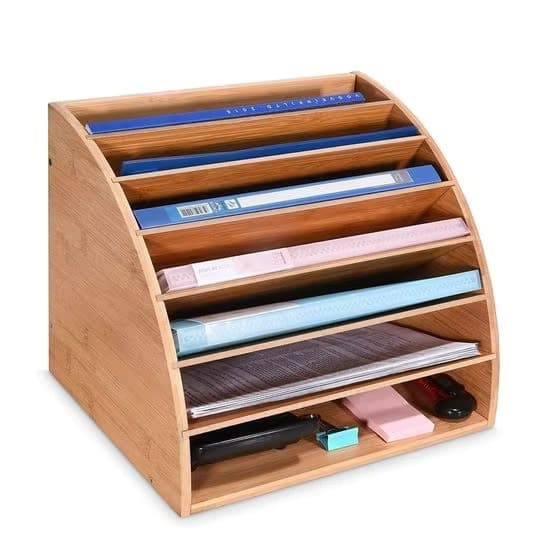 Bamboo File Organizer Box Office Desk File Sorter with 6 Adjustable Shelves File Office Book
