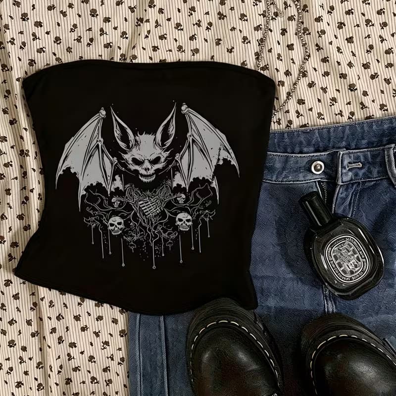 Cross-Border European and American Y2K Hot Girl Tube Top Bat Skull Print Vest Fitted Sexy Crop Top Vest Women