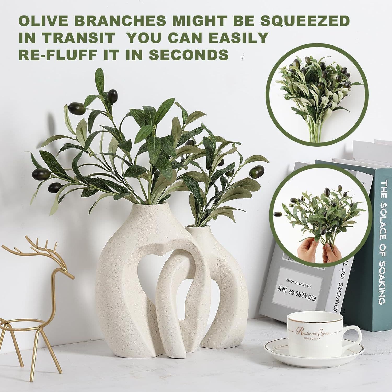 Artificial Olive Branch with Fruits, Faux Olive Leaves for Home Decor, Dense Green Potted Plant, Nordic Ins Style