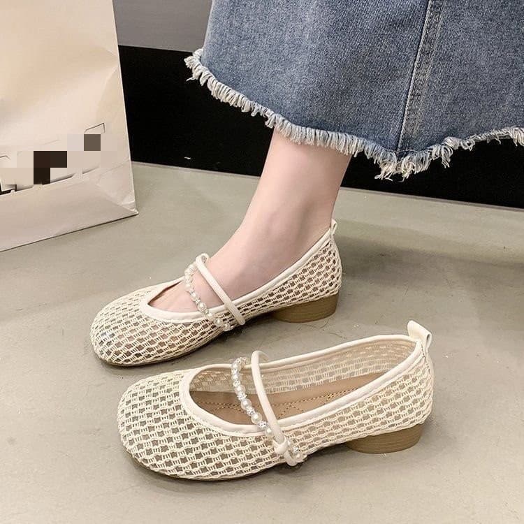 Slip-on thick heel single shoes Mary Jane women's shoes 2026 new summer French hollow woven sandals low heel net shoes