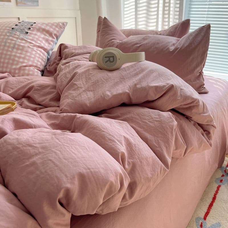 Japanese Instagram blogger style solid-color four-piece set, washed cotton duvet cover sheet dormitory fitted sheet bedding three-piece set