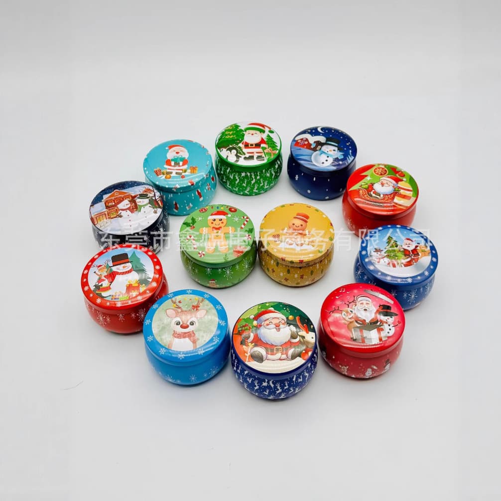 Christmas-themed tin scented candle jars for bedrooms, long-lasting fragrance, and unique gifts.