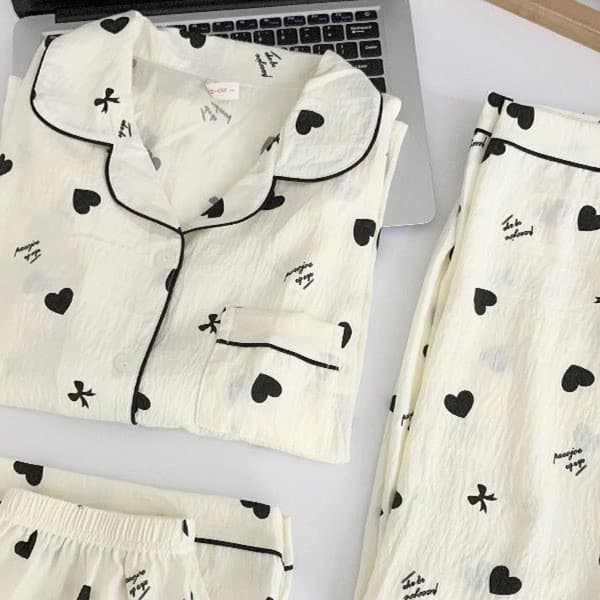 3-Piece Korean Cotton Pajama Set for Women, Summer Cloud Cotton Short Sleeve Top and Long Pants, Sweet and Cute Loungewear for Girls