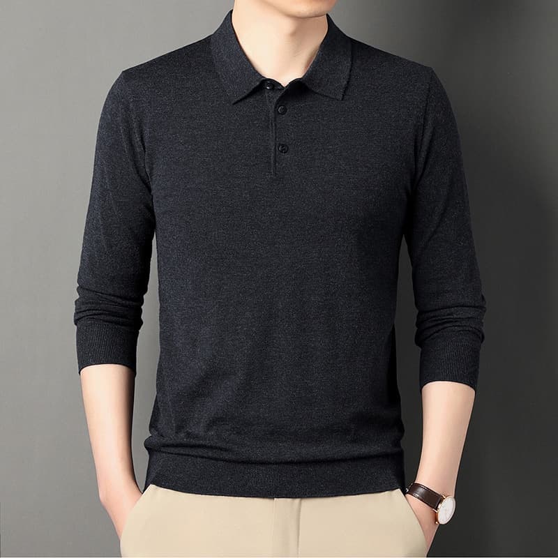 Knit Sweater Men's Autumn Solid Color Polo Neck 6 Wool Casual Fashion Pullover Top