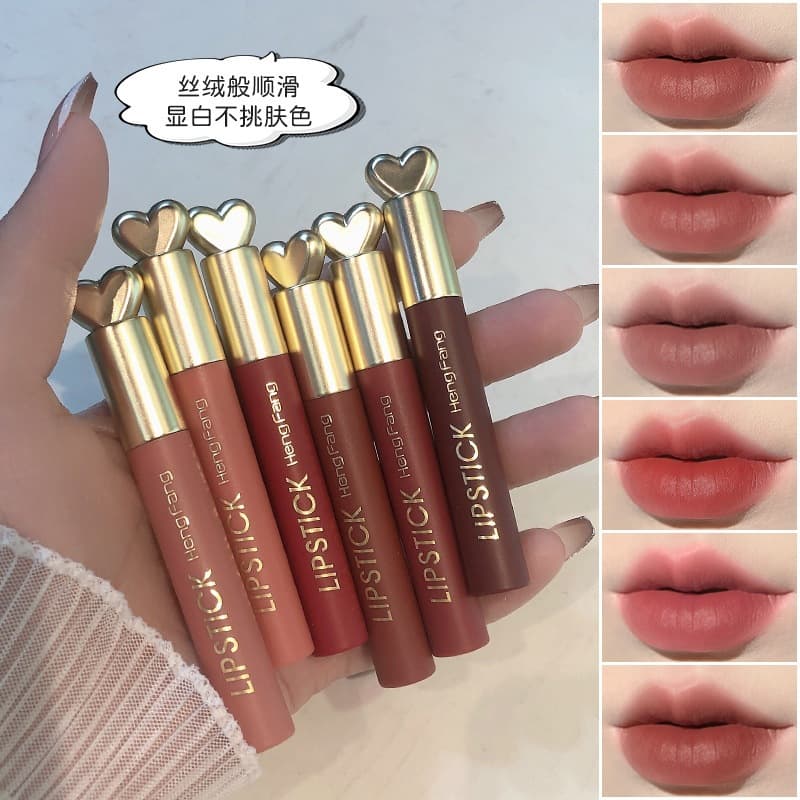 HengFang Matte Lipstick Set of 6, Velvet Finish, Long-Lasting, Non-Stick Cup, Student Affordable Makeup Kit