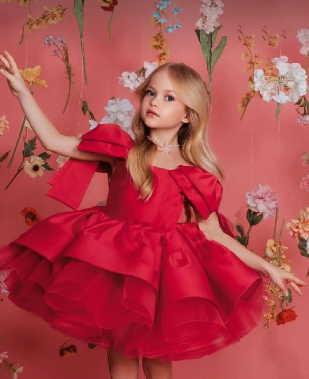 Girls' European and American Bowknot Tulle Princess Dress with Puffy Sleeves for Birthday Party and Evening Banquet