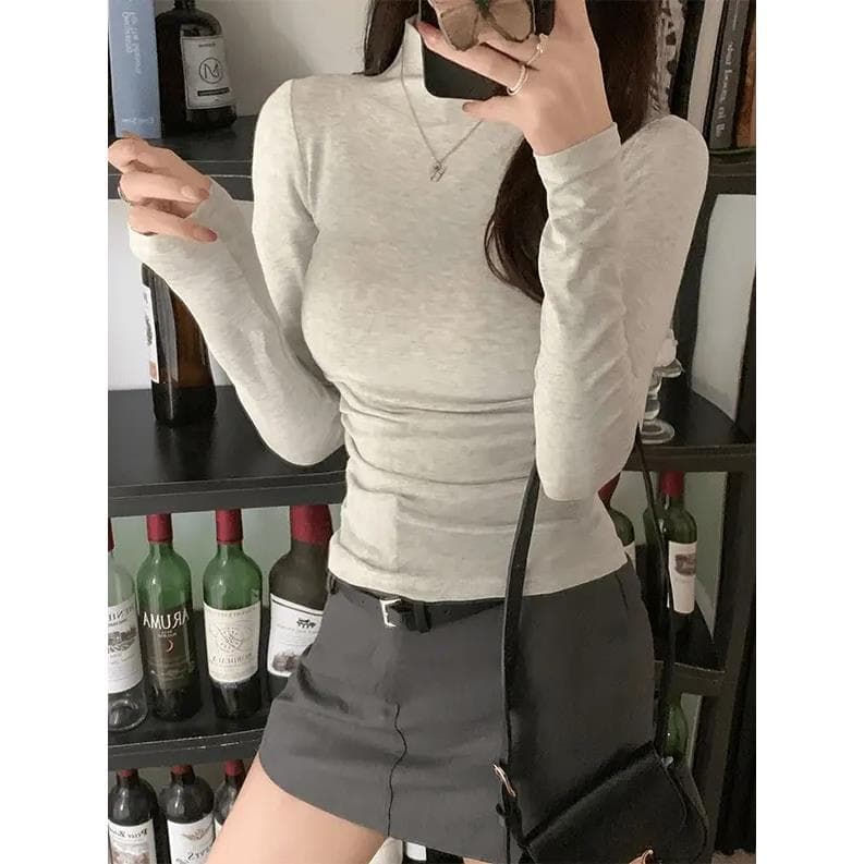 Solid color fashionable pinch waist and busty long-sleeved T-shirt bottoming shirt half turtleneck autumn and winter pleated slim fit and versatile top