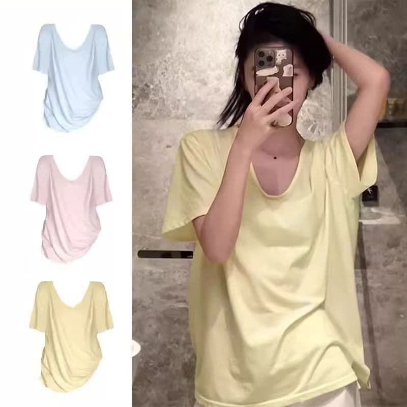 Korean Style Yellow Sweet Hot Girl V-Neck Short-Sleeve T-Shirt for Women Summer New Loose Fit Slimming Casual Student Relaxed Top