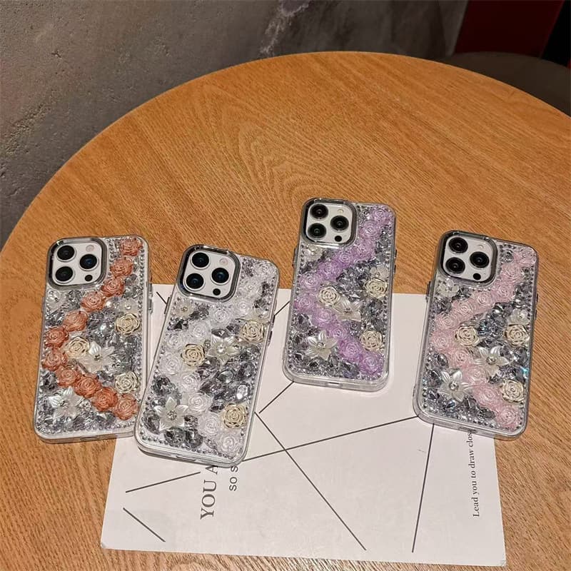Luxury Rhinestone Rose iPhone 17 Pro Max Case Compatible with Apple 16 Plus 3D Korean Style 15 14
