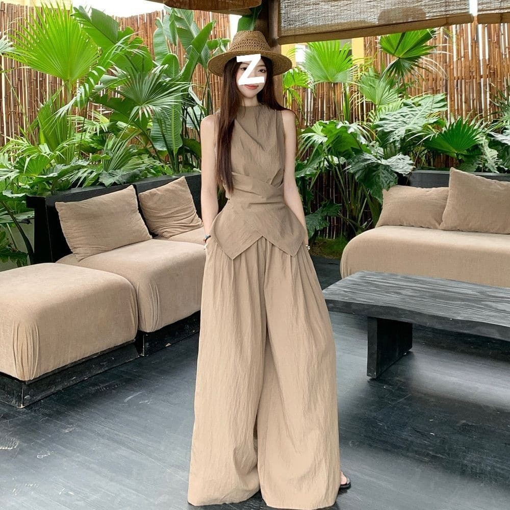 French Style Elegant High-End Old Money Outfit Set for Women, Summer Waist-Cinching Sleeveless Vest with High-Waist Wide Leg Pants Two-Piece Set