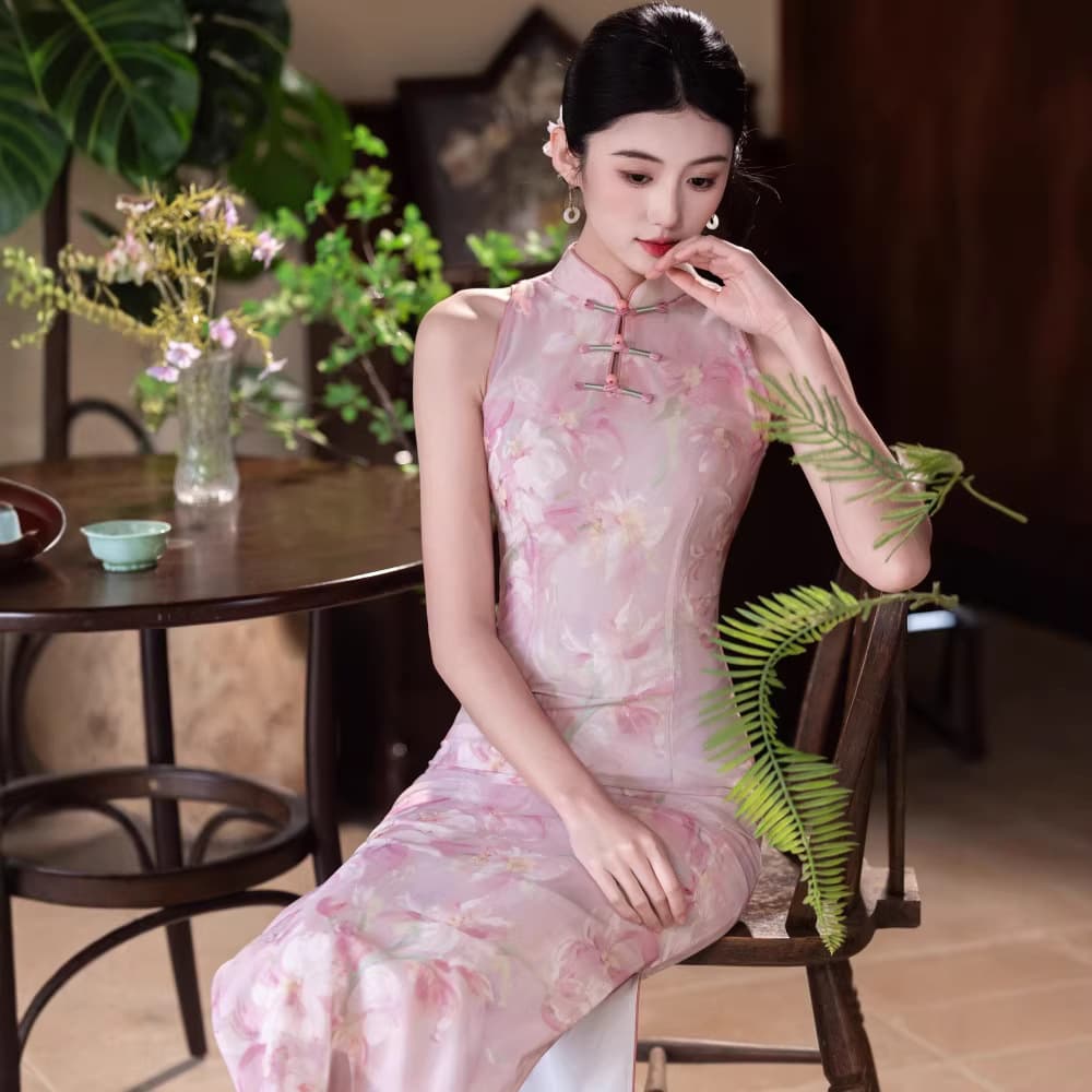 New Chinese-style Pink Sleeveless Halter Cheongsam Dress for Women 2026 Summer New Daily Improved Long Elegant Dress