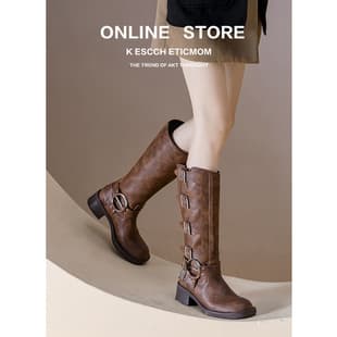 2023 Autumn Buckle Chunky Heel Martin Boots, Not Over-the-Knee, Fleece Lined, British Style Plus Size Women's Boots 41-43, Wide Calf for Plus Size